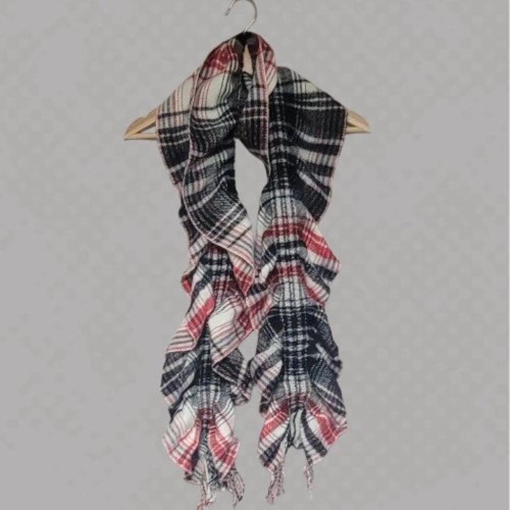 Plaid Fringe Scarf - Black, White, and Red